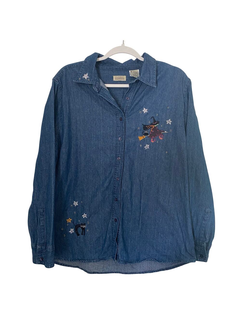 Halloween embroidered Shirt Denim Blue Womens Size 10 Witch Black Cat